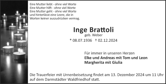 Traueranzeige von Inge Brattoli von Darmstädter Echo