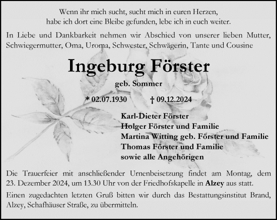 Traueranzeige von Ingeburg Förster von Allgemeine Zeitung Alzey