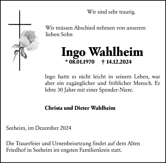 Traueranzeige von Ingo Wahlheim von Darmstädter Echo