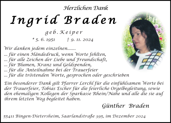 Traueranzeige von Ingrid Braden von Allgemeine Zeitung Rheinhessen-Nahe