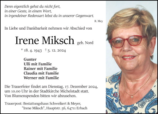 Traueranzeige von Irene Miksch von Odenwälder Echo