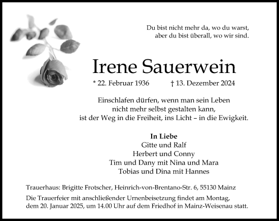 Traueranzeige von Irene Sauerwein von Allgemeine Zeitung Mainz