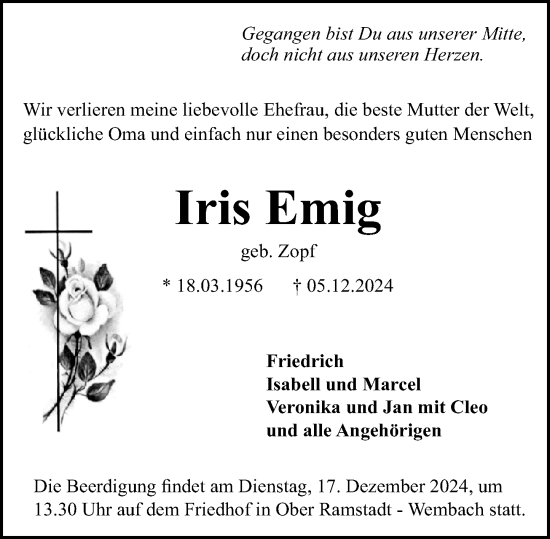 Traueranzeige von Iris Emig von Darmstädter Echo