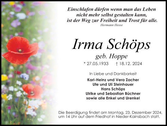 Traueranzeige von Irma Schöps von Odenwälder Echo