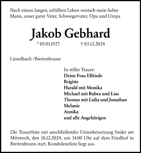 Traueranzeige von Jakob Gebhard von Odenwälder Echo