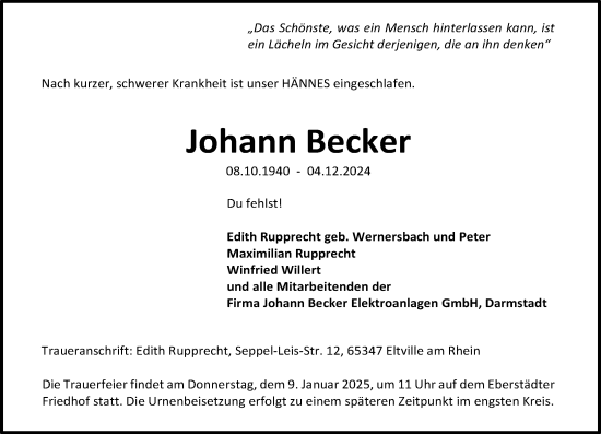 Traueranzeige von Johann Becker von Darmstädter Echo