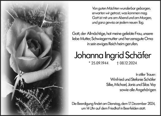 Traueranzeige von Johanna Ingrid Schäfer von Odenwälder Echo