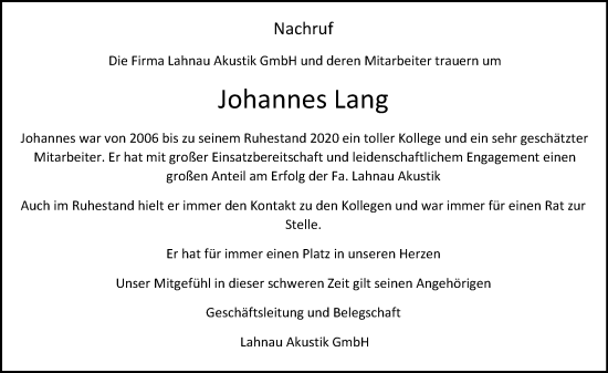 Traueranzeige von Johannes Lang von Wetzlarer Neue Zeitung