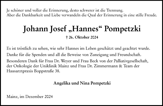 Traueranzeige von Johann Josef Pompetzki von Allgemeine Zeitung Mainz