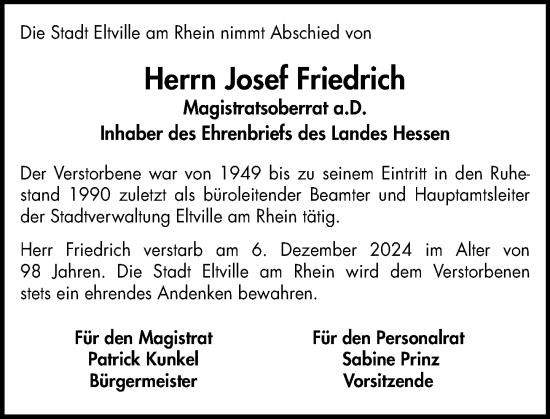 Traueranzeige von Josef Friedrich von Rheingau Kurier