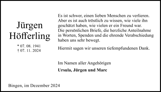 Traueranzeige von Jürgen Höfferling von Allgemeine Zeitung Rheinhessen-Nahe