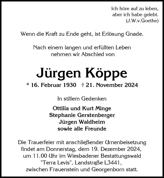 Traueranzeige von Jürgen Köppe von Wiesbadener Kurier