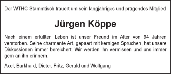 Traueranzeige von Jürgen Köppe von Wiesbadener Kurier