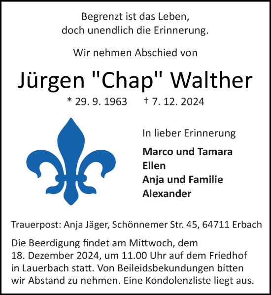 Traueranzeige von Jürgen Walther von Odenwälder Echo