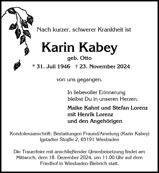 Traueranzeige von Karin Kabey von Wiesbadener Kurier