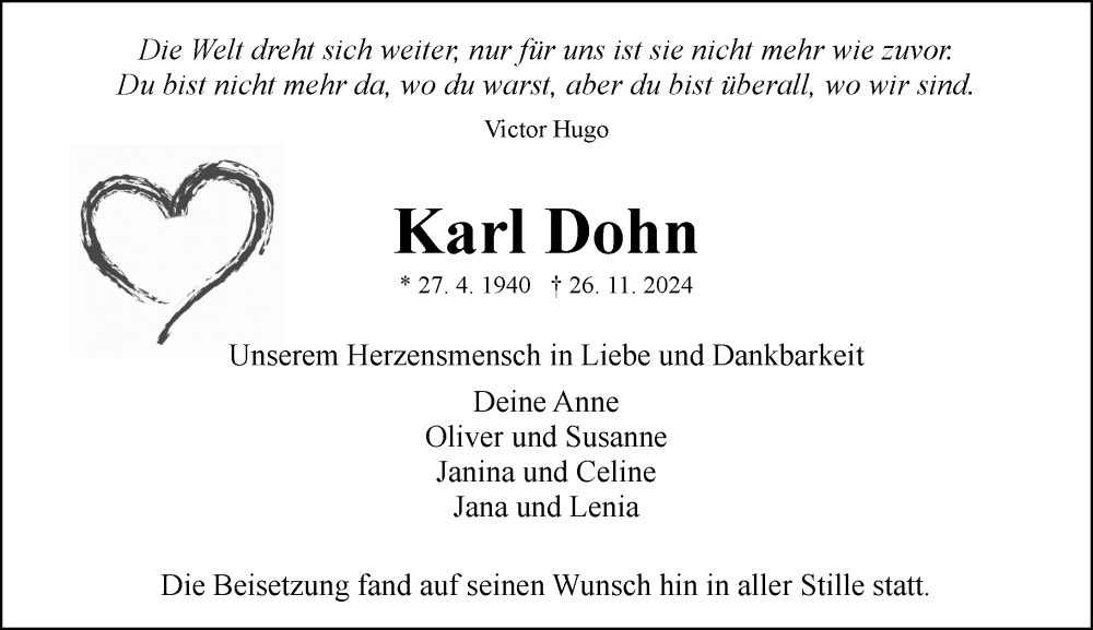  Traueranzeige für Karl Dohn vom 14.12.2024 aus Allgemeine Zeitung Alzey