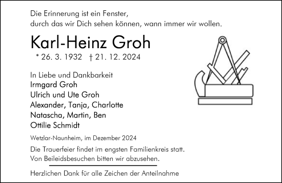 Traueranzeige von Karl-Heinz Groh von Wetzlarer Neue Zeitung