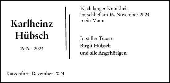 Traueranzeige von Karlheinz Hübsch von Dill Block