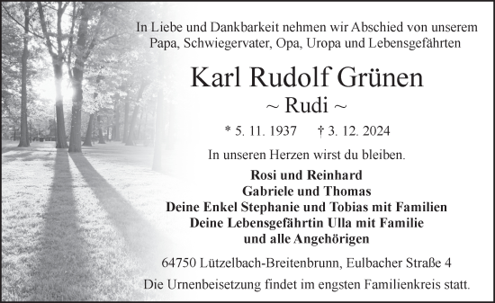 Traueranzeige von Karl Rudolf Grünen von Odenwälder Echo