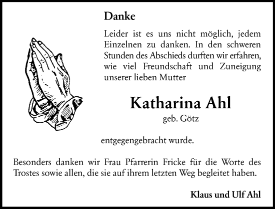 Traueranzeige von Katharina Ahl von Darmstädter Echo