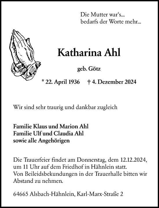 Traueranzeige von Katharina Ahl von Darmstädter Echo