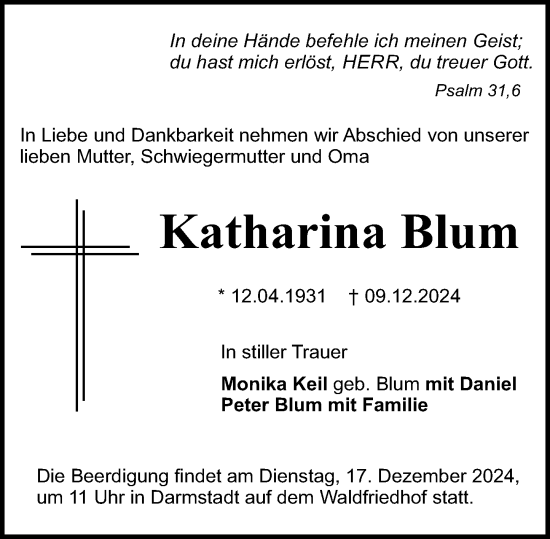 Traueranzeige von Katharina Blum von Darmstädter Echo