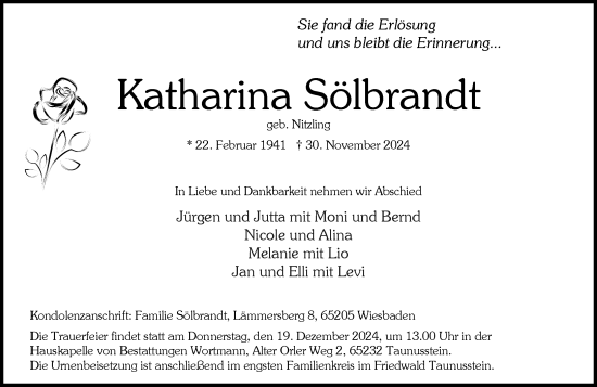 Traueranzeige von Katharina Sölbrandt von Wiesbadener Kurier