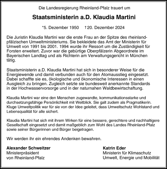 Traueranzeige von Klaudia Martini von Allgemeine Zeitung Mainz