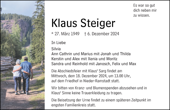 Traueranzeige von Klaus Steiger von Darmstädter Echo