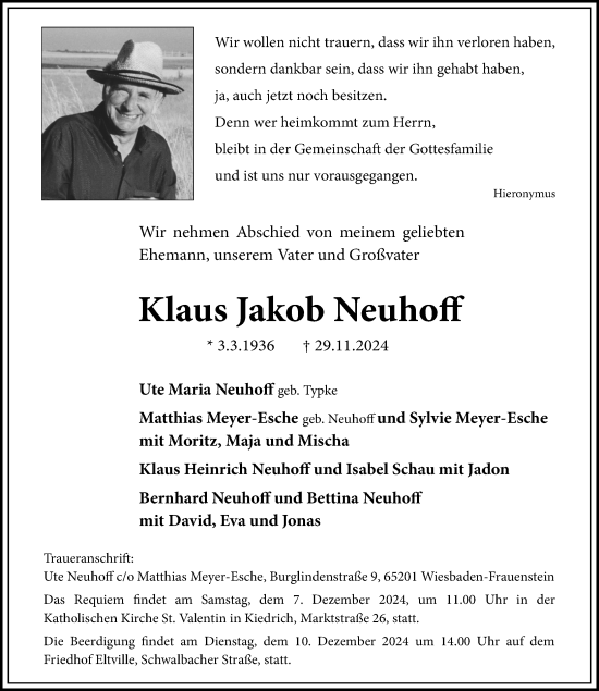 Traueranzeige von Klaus Jakob Neuhoff von Wiesbadener Kurier