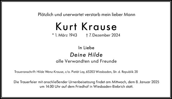 Traueranzeige von Kurt Krause von Wiesbadener Kurier