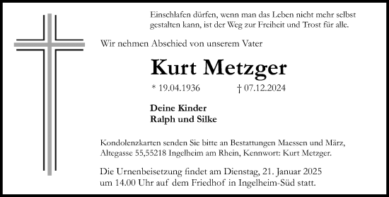 Traueranzeige von Kurt Metzger von Allgemeine Zeitung Rheinhessen-Nahe