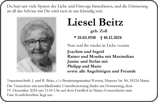 Traueranzeige von Liesel Beitz von Allgemeine Zeitung Mainz