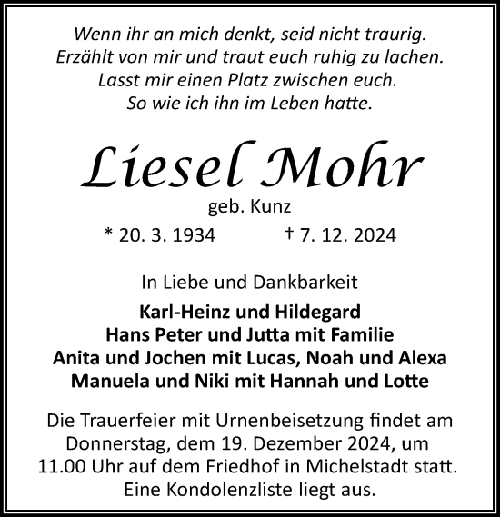 Traueranzeige von Liesel Mohr von Odenwälder Echo