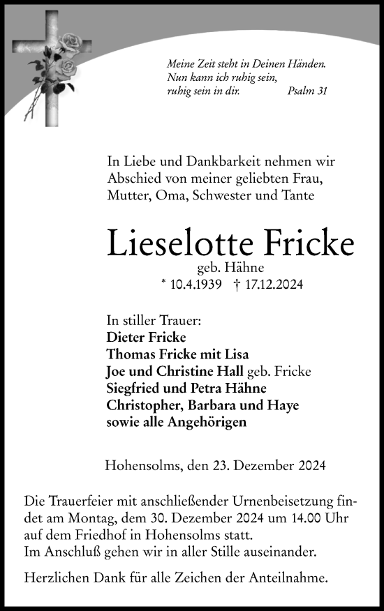 Traueranzeige von Lieselotte Fricke von Wetzlarer Neue Zeitung