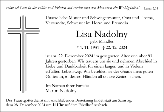 Traueranzeige von Lisa Nadolny von Wetzlarer Neue Zeitung