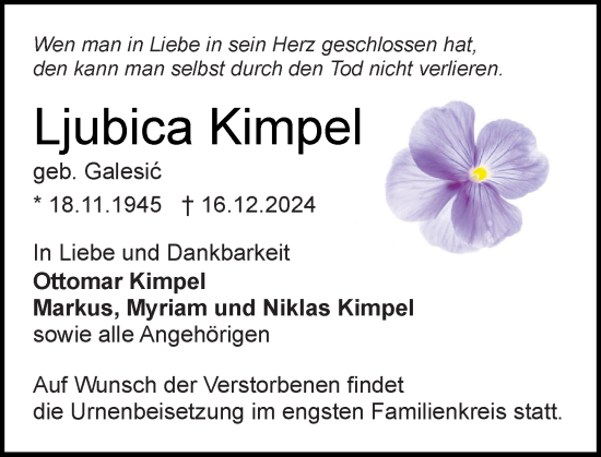 Traueranzeige von Ljubica Kimpel von Wiesbadener Kurier