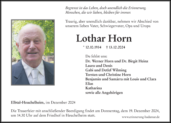 Traueranzeige von Lothar Horn von Nassauische Neue Presse