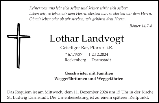 Traueranzeige von Lothar Landvogt von Darmstädter Echo