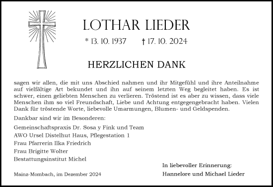 Traueranzeige von Lothar Lieder von Allgemeine Zeitung Mainz