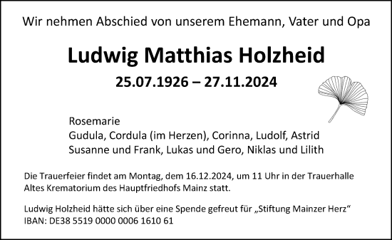 Traueranzeige von Ludwig  Holzheid von Allgemeine Zeitung Mainz