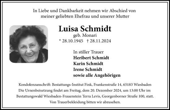 Traueranzeige von Luisa Schmidt von Wiesbadener Kurier