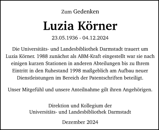 Traueranzeige von Luzia Körner von Darmstädter Echo