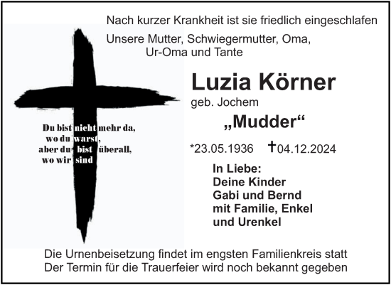 Traueranzeige von Luzia Körner von Darmstädter Echo