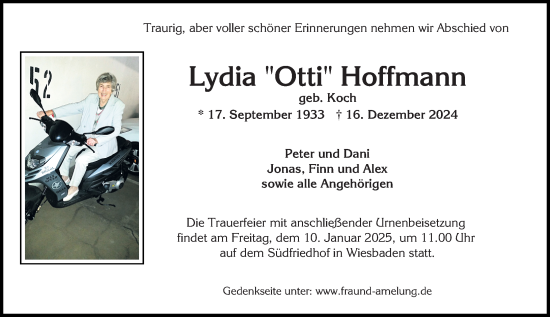 Traueranzeige von Lydia Hoffmann von Wiesbadener Kurier