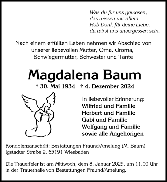 Traueranzeige von Magdalena Baum von Wiesbadener Kurier