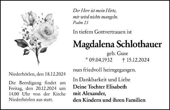 Traueranzeige von Magdalena Schlothauer von Hinterländer Anzeiger