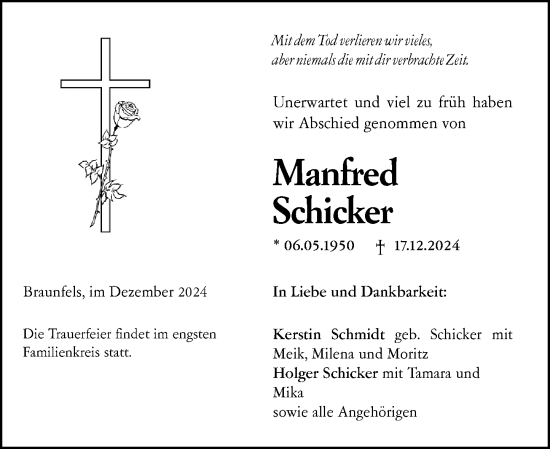 Traueranzeige von Manfred Schicker von Wetzlarer Neue Zeitung