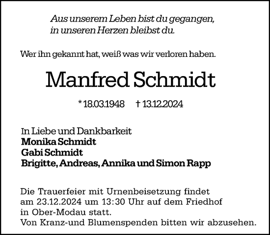 Traueranzeige von Manfred Schmidt von Darmstädter Echo