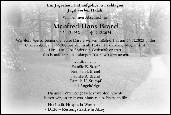 Traueranzeige von Manfred Hans Brand von Allgemeine Zeitung Alzey